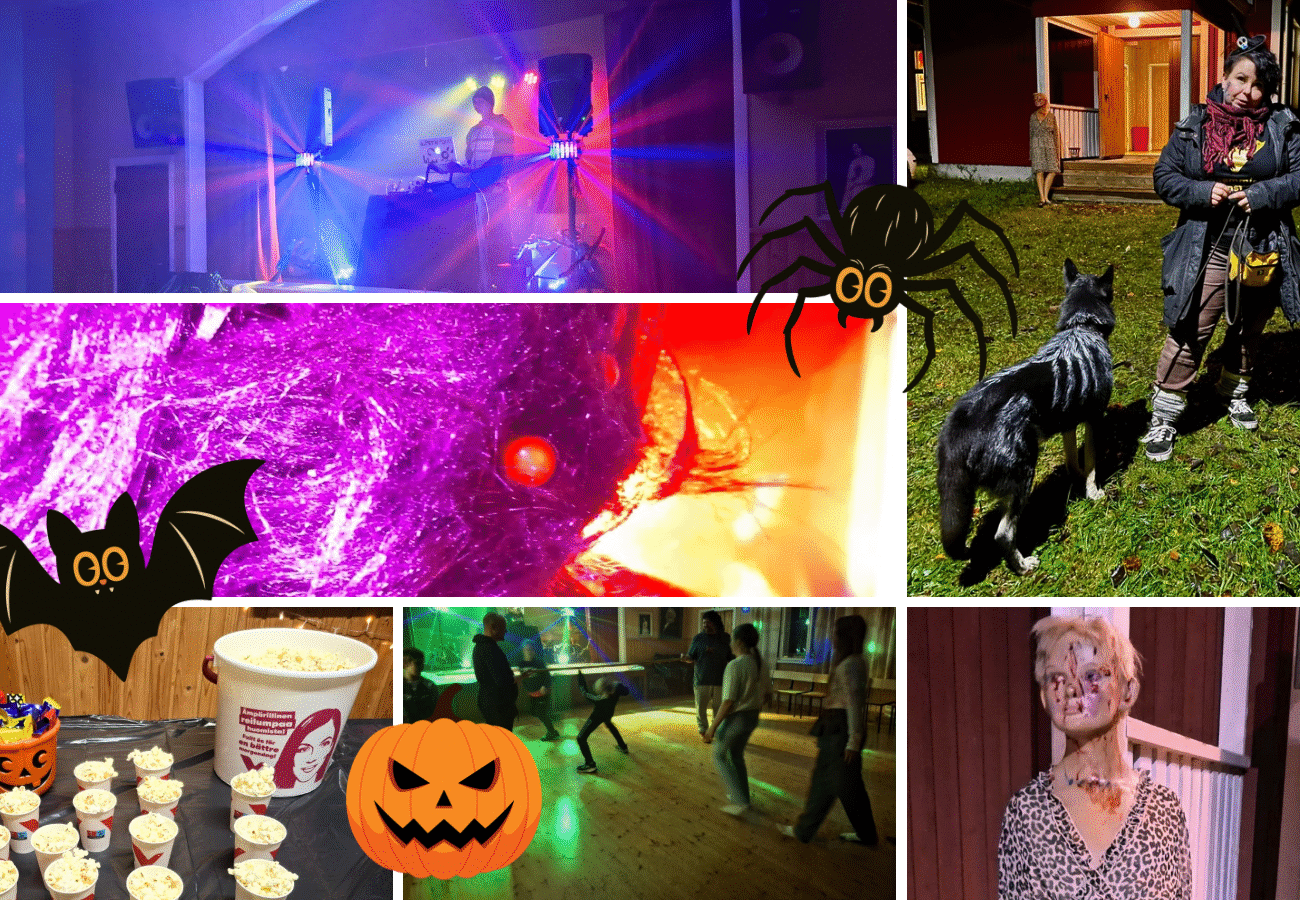 kuva on jaettu kuuteen osaa, jossa on kännykkäkuvia porilaisten vasemmistolaisten Halloween-juhlista työväentalossa.