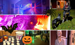 kuva on jaettu kuuteen osaa, jossa on kännykkäkuvia porilaisten vasemmistolaisten Halloween-juhlista työväentalossa.