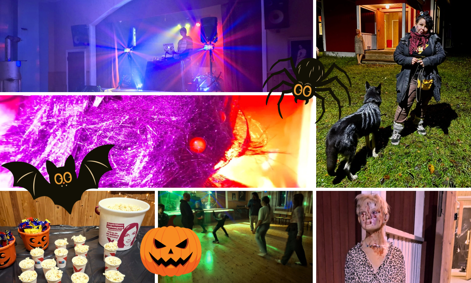 kuva on jaettu kuuteen osaa, jossa on kännykkäkuvia porilaisten vasemmistolaisten Halloween-juhlista työväentalossa.